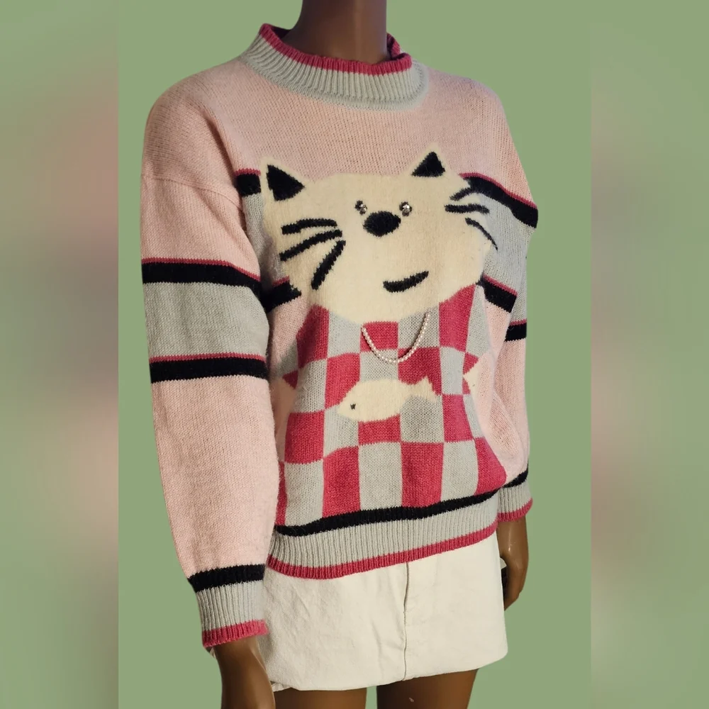 Vintage Pink Cat and fish Sweater size M with pearls details adorable and unique - Picture 3 of 8